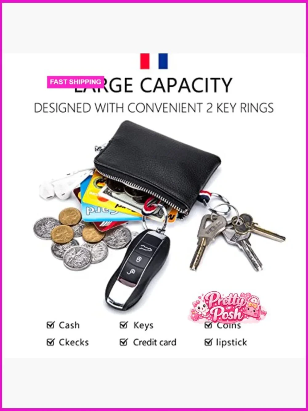 Genuine Cowhide Leather Coin Purse Wallet with Dual Keyrings